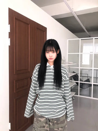 Kuel Striped Oversized Collared Long Sleeve Tee