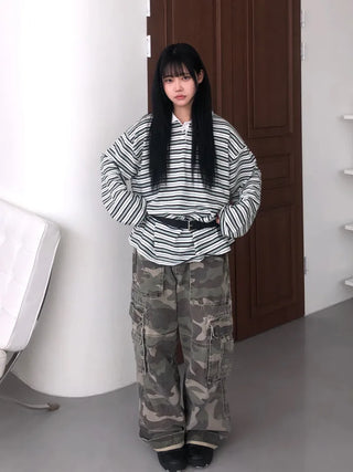 Kuel Striped Oversized Collared Long Sleeve Tee