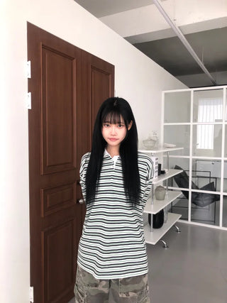 Kuel Striped Oversized Collared Long Sleeve Tee