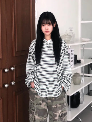 Kuel Striped Oversized Collared Long Sleeve Tee