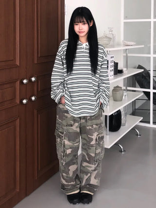 Kuel Striped Oversized Collared Long Sleeve Tee