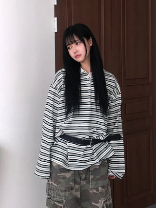 Kuel Striped Oversized Collared Long Sleeve Tee