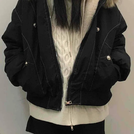 Hooded Fur Stitch Short Padded Jacket