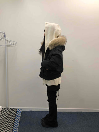 Hooded Fur Stitch Short Padded Jacket