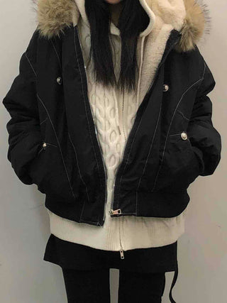 Hooded Fur Stitch Short Padded Jacket