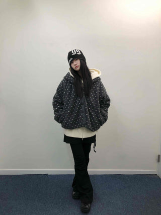 Reversible Monotone Mini Flower Volume Padded Jacket
