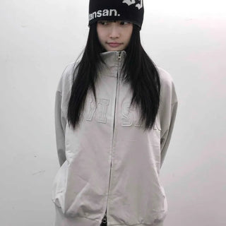 Embossed Numbering High Neck Snap Pocket Long Zip-Up