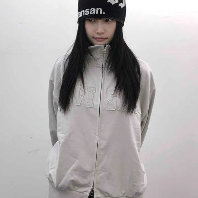 Embossed Numbering High Neck Snap Pocket Long Zip-Up