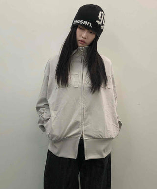 Embossed Numbering High Neck Snap Pocket Long Zip-Up