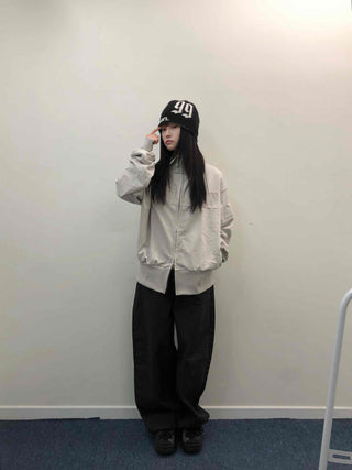 Embossed Numbering High Neck Snap Pocket Long Zip-Up