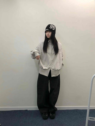 Embossed Numbering High Neck Snap Pocket Long Zip-Up