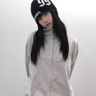 Embossed Numbering High Neck Snap Pocket Long Zip-Up