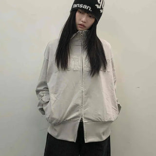 Embossed Numbering High Neck Snap Pocket Long Zip-Up