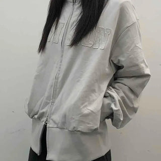 Embossed Numbering High Neck Snap Pocket Long Zip-Up