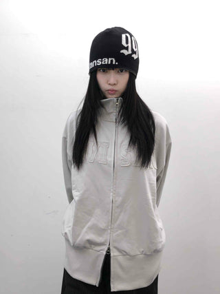Embossed Numbering High Neck Snap Pocket Long Zip-Up