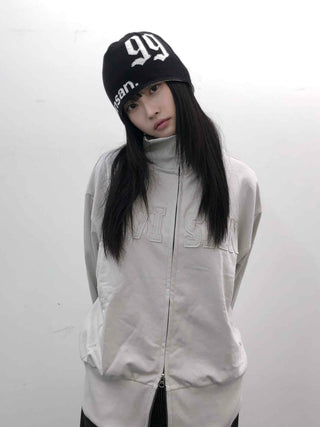 Embossed Numbering High Neck Snap Pocket Long Zip-Up
