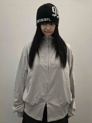 Embossed Numbering High Neck Snap Pocket Long Zip-Up