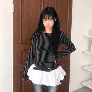 Jenner Striped Long Sleeve Off-Shoulder T-shirt