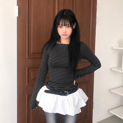 Jenner Striped Long Sleeve Off-Shoulder T-shirt