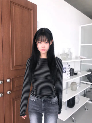 Jenner Striped Long Sleeve Off-Shoulder T-shirt
