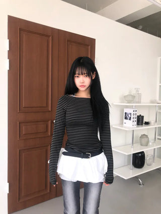 Jenner Striped Long Sleeve Off-Shoulder T-shirt