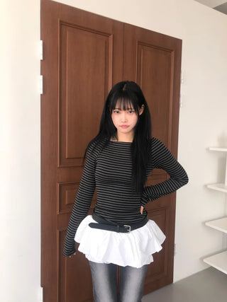 Jenner Striped Long Sleeve Off-Shoulder T-shirt