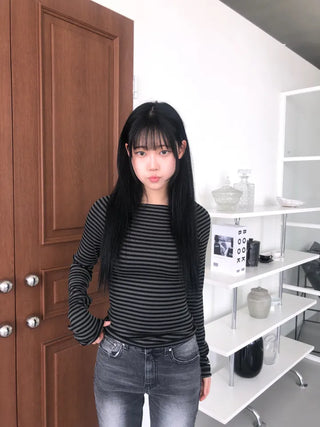 Jenner Striped Long Sleeve Off-Shoulder T-shirt