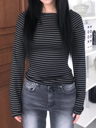 Jenner Striped Long Sleeve Off-Shoulder T-shirt