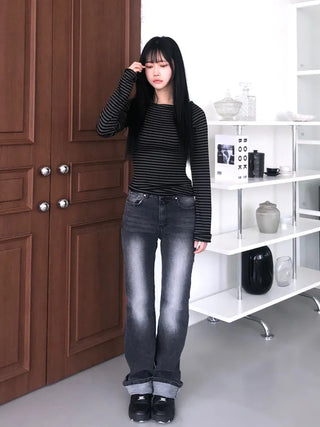 Jenner Striped Long Sleeve Off-Shoulder T-shirt