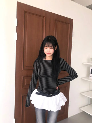 Jenner Striped Long Sleeve Off-Shoulder T-shirt