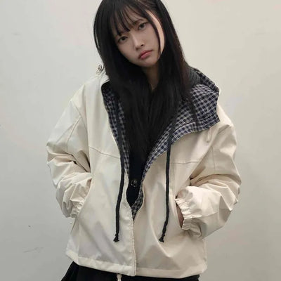 Check Hooded Snap Button Coach Jumper