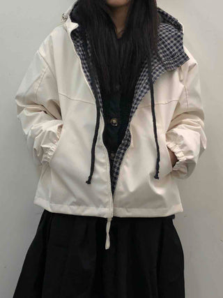 Check Hooded Snap Button Coach Jumper