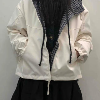 Check Hooded Snap Button Coach Jumper