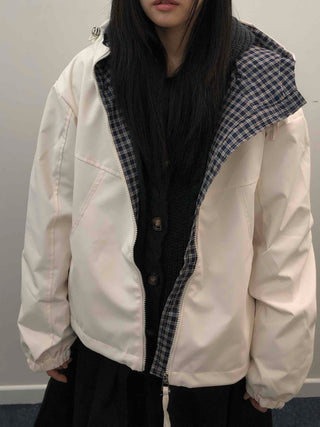 Check Hooded Snap Button Coach Jumper