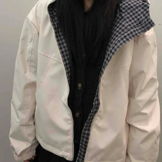 Check Hooded Snap Button Coach Jumper
