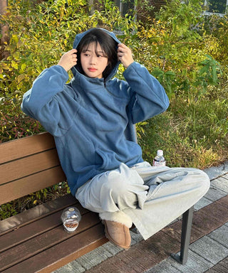 Cozy Fit Diagonal Zipper Hooded Zip-Up Fleece