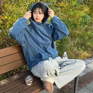 Cozy Fit Diagonal Zipper Hooded Zip-Up Fleece