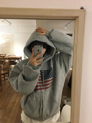 Y2K American Balloon Fit Pocket Zip-Up Hoodie