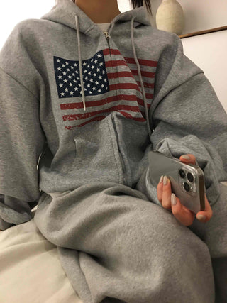Y2K American Balloon Fit Pocket Zip-Up Hoodie