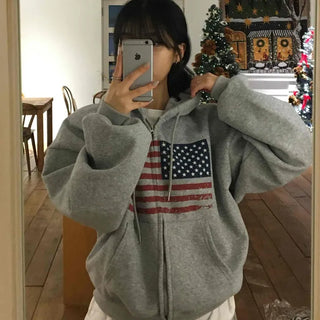 Y2K American Balloon Fit Pocket Zip-Up Hoodie