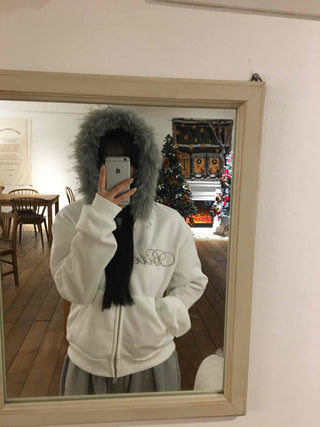 Pinter Mood Lettering Fur Hooded Zip-up