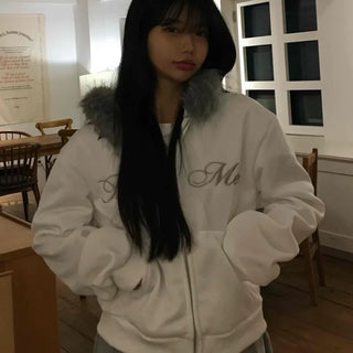 Pinter Mood Lettering Fur Hooded Zip-up