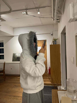 Pinter Mood Lettering Fur Hooded Zip-up