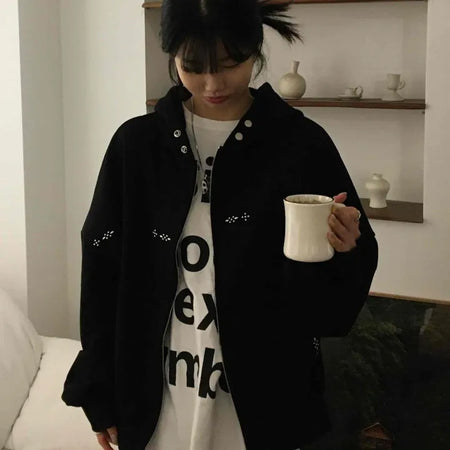 Oversized Studded Loose Fit Zip-Up Hoodie