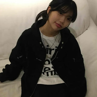 Oversized Studded Loose Fit Zip-Up Hoodie