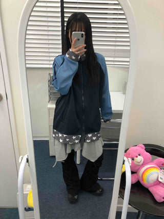 Color Block Loose Fit Sporty Track Zip-up