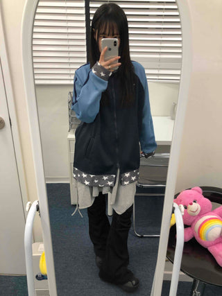 Color Block Loose Fit Sporty Track Zip-up