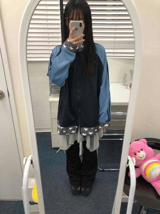 Color Block Loose Fit Sporty Track Zip-up