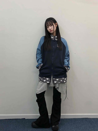 Color Block Loose Fit Sporty Track Zip-up