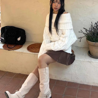 Wide Cable Oversized Off-Shoulder Knit
